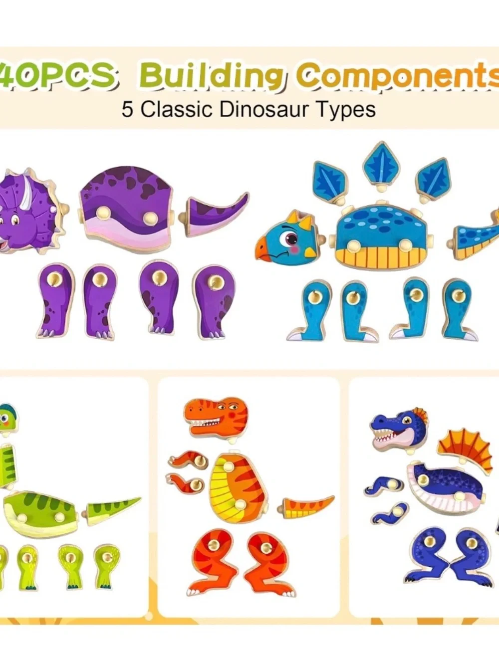 NWT ZRUNBO Wooden Dinosaur Building Blocks 40-Piece Mix & Match Set